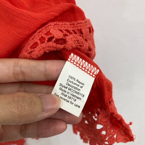 New NY Collection Large Red Lace Detail Ultra Soft Rayon Blouse Boho Festival - Picture 7 of 10